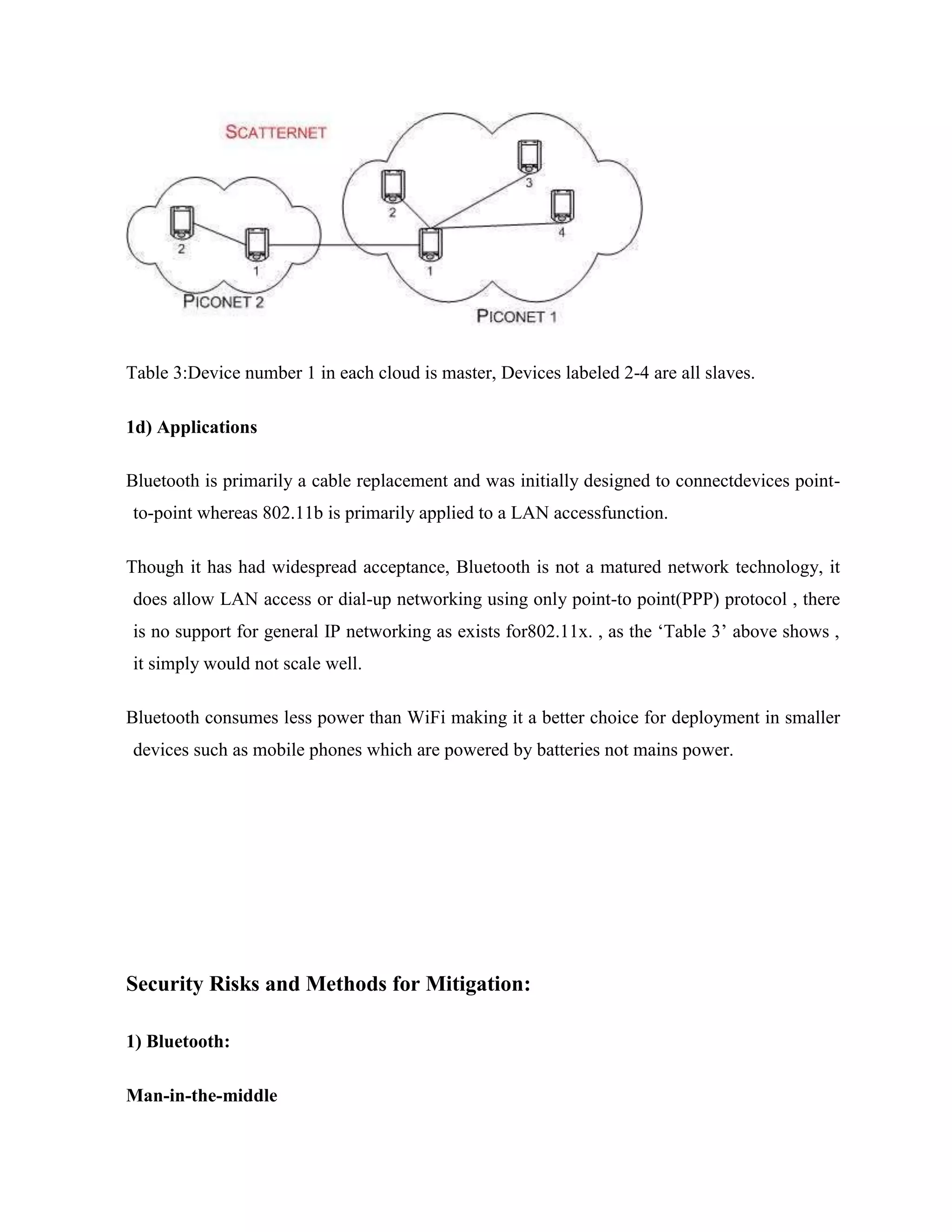 Table 3:Device number 1 in each cloud is master, Devices labeled 2-4 are all slaves.

1d) Applications

Bluetooth is primarily a cable replacement and was initially designed to connectdevices point-
to-point whereas 802.11b is primarily applied to a LAN accessfunction.

Though it has had widespread acceptance, Bluetooth is not a matured network technology, it
does allow LAN access or dial-up networking using only point-to point(PPP) protocol , there
is no support for general IP networking as exists for802.11x. , as the „Table 3‟ above shows ,
it simply would not scale well.

Bluetooth consumes less power than WiFi making it a better choice for deployment in smaller
devices such as mobile phones which are powered by batteries not mains power.




Security Risks and Methods for Mitigation:

1) Bluetooth:

Man-in-the-middle
 