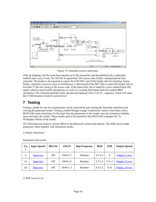 Figure 19: Simulink receiver subsystem.
After de-hopping with the same hop sequence as in the transmitter and demodulation by a subsystem
enabled once every 6 slots, the 366 bits are generated. The access code, header, and payload are then
extracted. The header is de-repeated to expose the 8-bit HEC and 10-bit header info for checking. Frame
failure, caused by excessive noise or interference, is determined if the HEC fails to match the header info or
less than 57 bits are correct in the access code. If the frame fails, this is noted by a zero-valued Frame OK
signal, which is used in FER calculations, as well as to exclude bad frames from the residual BER
calculation. The extracted payload is then ignored and replaced with a 1,0,1,0... sequence, which will cause
the CVSD decoder to hold its current level.
7 Testing
Testing a model for one set of parameters can be achieved by just running the Simulink simulation and
viewing the generated results. Testing a model through a range of parameter values is best done with a
MATLAB script consisting of a 'for loop' that sets parameters in the model, runs the simulation multiple
times and notes the results. These results need to be returned to the MATLAB workspace by 'To
Workspace' blocks in the model.
The following tests analyze various effects in the Bluetooth system and channel. The tables show model
parameter values together with simulation results.
1) Simple Simulation
Parameters and results:
Tes
t
Input Speech 802.11b AWGN Hop Frequency BER FER Output Speech
i) Input.wav Off Eb⁄No=5 Random 4.3 e-4 0 Output_1i.wav
ii) Input.wav Off Eb⁄No=0 Random 2.7 e-2 9.7e-3 Output_1ii.wav
iii) Input.wav Off Eb⁄No=-2 Random 6.4 e-2 0.18 Output_1iii.wav
2) BER versus Eb/No
Page 10
 