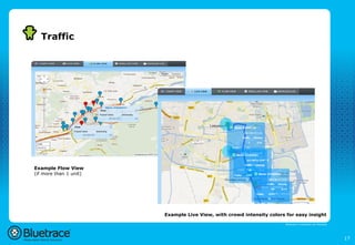 Traffic




Example Flow View
(if more than 1 unit)




                        Example Live View, with crowd intensity colors for easy insight
                                                                       Bluetrace is onderdeel van Moreless




                                                                                                             17
 