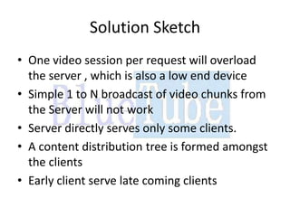 Solution Sketch
• One video session per request will overload
  the server , which is also a low end device
• Simple 1 to N broadcast of video chunks from
  the Server will not work
• Server directly serves only some clients.
• A content distribution tree is formed amongst
  the clients
• Early client serve late coming clients
 