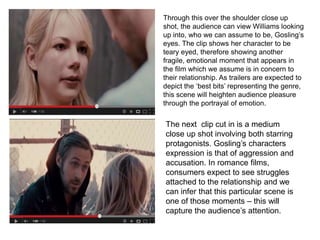 Through this over the shoulder close up
shot, the audience can view Williams looking
up into, who we can assume to be, Gosling’s
eyes. The clip shows her character to be
teary eyed, therefore showing another
fragile, emotional moment that appears in
the film which we assume is in concern to
their relationship. As trailers are expected to
depict the ‘best bits’ representing the genre,
this scene will heighten audience pleasure
through the portrayal of emotion.
The next clip cut in is a medium
close up shot involving both starring
protagonists. Gosling’s characters
expression is that of aggression and
accusation. In romance films,
consumers expect to see struggles
attached to the relationship and we
can infer that this particular scene is
one of those moments – this will
capture the audience’s attention.
 