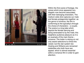 Within the first scene of footage, the
voices which once appeared non-
diagetic now become associated
with their belonging characters. The
medium wide shot captures our male
and female protagonists together; as
the genre is romance, the film is
conforming to the typicality's through
the choice of characters – a couple.
The scene is a long take which
depicts the female dancing and
being serenaded to by the male; this
heightens audience pleasure as it is
an example of the main theme -
romance. The trailer is relying on not
only award selections to entice the
viewer, but the star system too:
Gosling and Williams are renowned
celebrities who both have sex
appeal, which is almost essential
within a romance film in order to gain
attention.
 