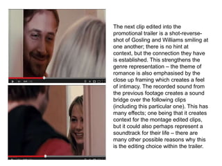 The next clip edited into the
promotional trailer is a shot-reverse-
shot of Gosling and Williams smiling at
one another; there is no hint at
context, but the connection they have
is established. This strengthens the
genre representation – the theme of
romance is also emphasised by the
close up framing which creates a feel
of intimacy. The recorded sound from
the previous footage creates a sound
bridge over the following clips
(including this particular one). This has
many effects; one being that it creates
context for the montage edited clips,
but it could also perhaps represent a
soundtrack for their life – there are
many other possible reasons why this
is the editing choice within the trailer.
 