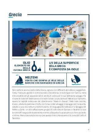 43
Grecia
Sono sette le aree turistiche della Grecia, ognuna con differenti atmosfere e suggestioni.
Creta, l’isola più grande e centro turistico d’eccellenza, le Isole Egee con Samos, meta
irrinunciabile per gli appassionati di windsurf, Lesbo per le sue bellissime spiagge. Poi
ci sono le Isole del Dodecaneso e le Isole Cicladi. Le più famose? Mykonos e Santorini,
ovvero le capitali indiscusse del divertimento “Made in Greece”. Delle Isole Ioniche,
invece, a farla da padrona è Corfù, con le sue coste selvagge, le spiagge con l’acqua blu
cobalto e una vita notturna molto frizzante. Di ineguagliabile bellezza è la Spiaggia del
Relitto a Zante. Un altro affascinante gruppo di isole sono le Sporadi. A Skiathos si vive
la notte all’insegna del divertimento mentre a Skopelos la vacanza ha un ritmo più lento
e intimo. Meno conosciuta ma non per questo meno interessante è la zona del Golfo di
Saronico.
MELTEMI
VENTO CHE GONFIA LE VELE DELLE
BARCHE CHE NAVIGANO IN GRECIA
OLIO
ELEMENTO RE
DELLA
CUCINA GRECA
1/5 DELLA SUPERFICIE
DELLA GRECIA
È COMPOSTA DA ISOLE
 
