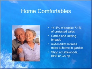 Home Comfortables 14.4% of people; 7.1% of projected sales Cardie and knitting brigade mid-market retirees more at home in garden Shop at Littlewoods, BHS or Co-op 