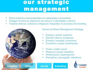 our strategic
                  management
    Brand solutions personalizadas em adequação à sociedade
    Srategic fit entre os objectivos da marca e a identidade a afirmar
    Factores étnicos, culturais e religiosos integrados no processo de branding

                                     Drivers da Brand Management Strategy:

                                        Ecstasy | prazer supremo
                                        Eternal | eterna, duradoura
                                        Emotion | emoção, emocional
                                        Evocative | evocar sentimentos

                                        Power | poder social
                                        Pleasure | prazer simbólico
                                        Performance | desempenho
                                        Perception | percepção, referência


    creative        ideas          social        branding
 