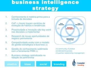 business intelligence
           strategy
1.   Conhecimento é matéria-prima para a
     tomada de decisões
2.   CoP (1) locais traçam cenários de
     evolução de hábitos e tendências
                                                (2)                        (3)
3.   Proactividade e inovação são key word
     nas decisões a implementar
4.   Research de novas oportunidades de
     negócio permanente
                                                             (1)
5.   Competitividade evolui com o modelo
     de gestão estratégica b-business (2)
6.   Gestão do conhecimento sublimada         (1) community of pratice
     com a ferramenta PRM (3)                 (2) blended-business
                                              (3) partner relationship management
7.   Business strategy centralizada na
     relação de partnership

 creative        ideas          social       branding
 