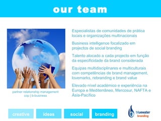our team
                                  Especialistas de comunidades de prática
                                  locais e organizações multinacionais
                                  Business intelligence focalizado em
                                  projectos de social branding
                                  Talento alocado a cada projecto em função
                                  da especificidade da brand considerada
                                  Equipas multidisciplinares e multiculturais
                                  com competências de brand management,
                                  lovemarks, rebranding e brand value
                                  Elevado nível académico e experiência na
partner relationship management   Europa e Mediterrâneo, Mercosur, NAFTA e
         cop | b-business         Ásia-Pacífico



creative            ideas         social       branding
 