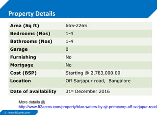 Property Details
Area (Sq ft)

665-2265

Bedrooms (Nos)

1-4

Bathrooms (Nos)

1-4

Garage

0

Furnishing

No

Mortgage

No

Cost (BSP)

Starting @ 2,783,000.00

Location

Off Sarjapur road, Bangalore

Date of availability

31st December 2016

More details @
http://www.ft2acres.com/property/blue-waters-by-sjr-primecorp-off-sarjapur-road3 | www.ft2acres.com

 