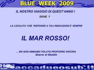 BLUE  WEEK  2009 LA LOCALITA’ CHE  RISPONDE A TALI INDICAZIONI E’ SEMPRE IL MAR ROSSO!  …  MA NON ABBIAMO VOLUTO PROPORRE ANCORA  Sharm el Sheikh IL NOSTRO VIAGGIO DI QUEST’ANNO ! DOVE  ? 