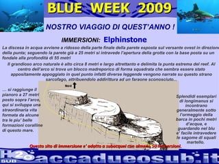 BLUE  WEEK  2009 IL NOSTRO VIAGGIO DI QUEST’ANNO ! IMMERSIONI:  Elphinstone La discesa in acqua avviene a ridosso della parte finale della parete esposta sul versante ovest in direzione della punta; seguendo la parete già a 25 metri si intravede l’apertura della grotta con la base posta su un fondale alla profondità di 55 metri Il grandioso arco naturale è alto circa 8 metri e largo altrettanto e delimita la punta estrema del reef. Al centro dell’arco si trova un blocco madreporico di forma squadrata che sembra essere stato appositamente appoggiato in quel punto infatti diverse leggende vengono narrate su questo strano sarcofago, attribuendolo addirittura ad un faraone sconosciuto... …  si raggiunge il pianoro a 27 metri posto sopra l’arco, qui si sviluppa una straordinaria vita formata da alcune tra le piu’ belle formazioni coralline di questo mare. Splendidi esemplari di longimanus si incontrano generalmente sotto l’ormeggio della barca in pochi metri d’acqua, e guardando nel blu e’ facile intravedere le sagome di squali martello.  Questo sito di immersione e' adatto a subacquei con almeno 50 immersioni. 