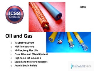 cables




Oil and Gas
  o   Neutrally Buoyant
  o   High Temperature
  o   Hi-Flex, Long Flex Life
  o   Coax, Fibre and Mixed Content
  o   High Temp Cat 5, 6 and 7
  o   Sealed and Moisture Resistant
  o   Aramid Strain Reliefs
 