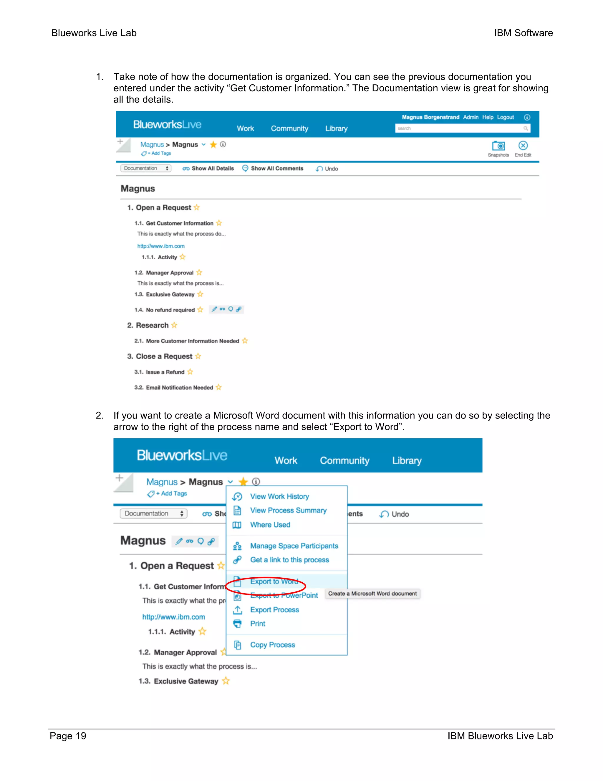 Blueworks Live Lab IBM Software
Page 19 IBM Blueworks Live Lab
1. Take note of how the documentation is organized. You can see the previous documentation you
entered under the activity “Get Customer Information.” The Documentation view is great for showing
all the details.
2. If you want to create a Microsoft Word document with this information you can do so by selecting the
arrow to the right of the process name and select “Export to Word”.
 