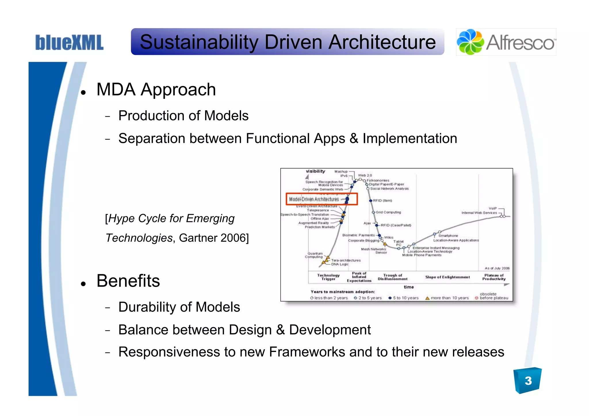 Sustainability Driven Architecture

    MDA Approach
          Production of Models
          Separation between Functional Apps & Implementation




      [Hype Cycle for Emerging
      Technologies, Gartner 2006]


    Benefits
          Durability of Models
          Balance between Design & Development
          Responsiveness to new Frameworks and to their new releases

                                                                       3
 