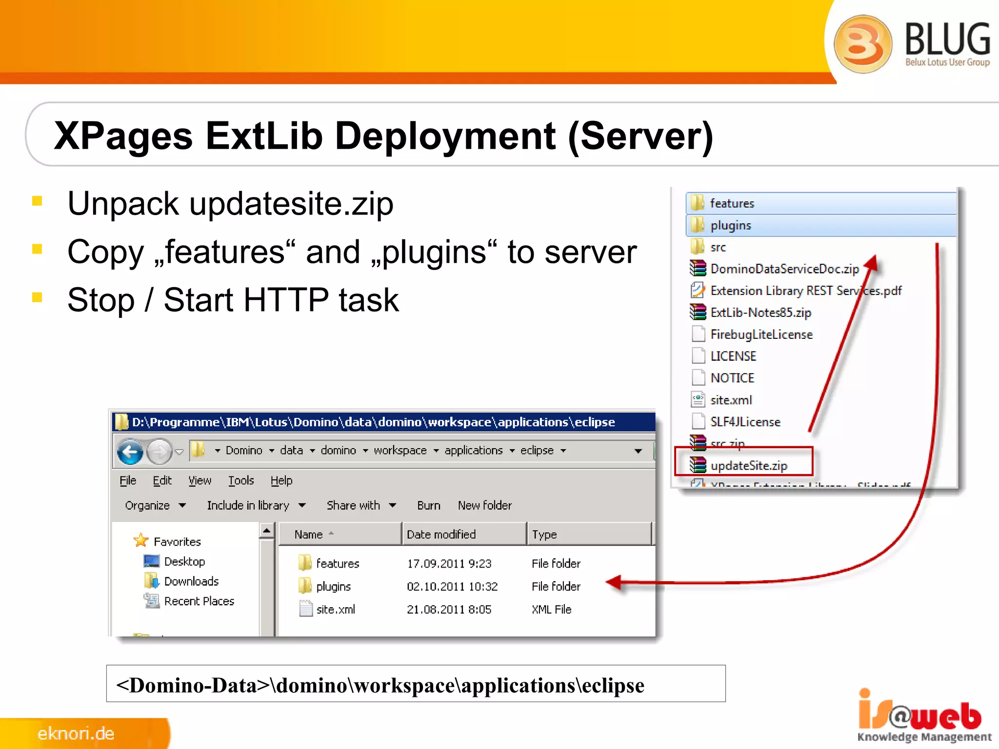 XPages ExtLib Deployment (Server)
 Unpack updatesite.zip
 Copy „features“ and „plugins“ to server
 Stop / Start HTTP task




     <Domino-Data>dominoworkspaceapplicationseclipse
 