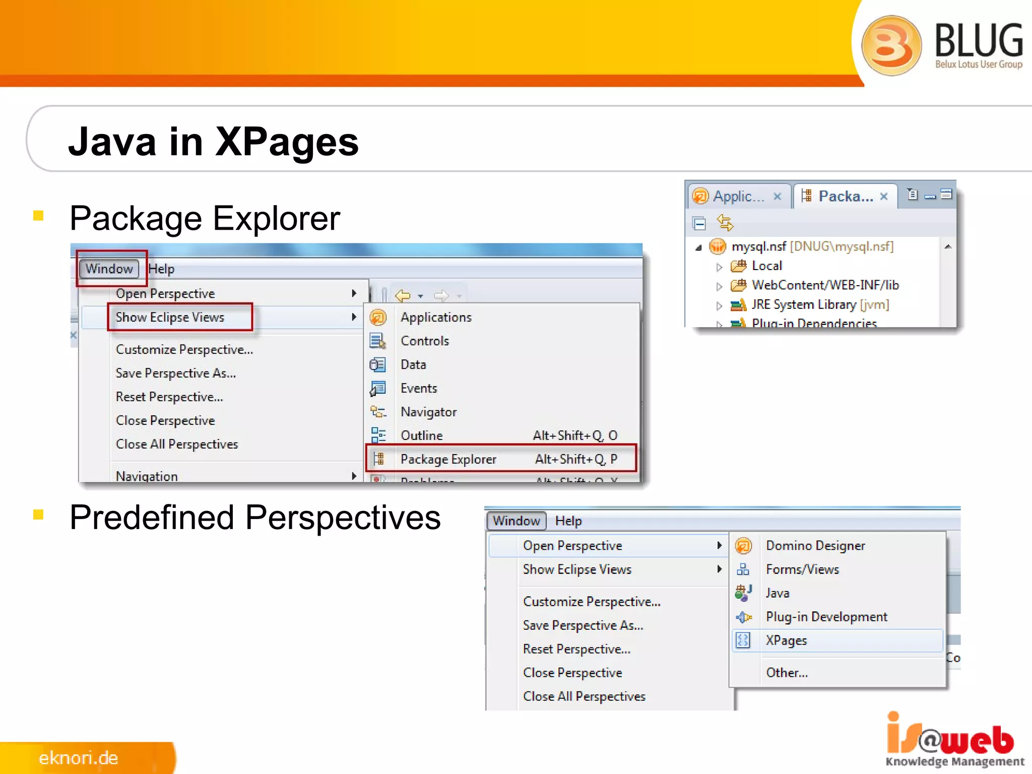 Java in XPages
 Package Explorer




 Predefined Perspectives
 