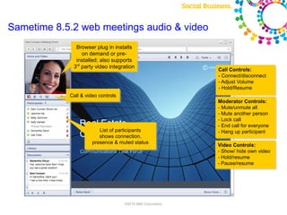 Sametime 8.5.2 web meetings audio & video
              Browser plug in installs
                 on demand or pre-
              installed; also supports
             3rd party video integration
                                                                                                    Call Controls:
                                                                                                    - Connect/disconnect
                                                                                                    - Adjust Volume
                                                                                                    - Hold/Resume
            Call & video controls
                                                                                                    Moderator Controls:
                                                                                                    - Mute/unmute all
                                                                                                    - Mute another person
                                                                                                    - Lock call
                                                                                                    - End call for everyone
                         List of participants                                                       - Hang up participant
                         shows connection,
                      presence & muted status
                                                                                                    Video Controls:
                                                                                                    - Show/ hide own video
                                                                                                    - Hold/resume
                                                                                                    - Pause/resume




                            Note: Final product features and user interface are subject to change
                                        ©2010 IBM Corporation
 
