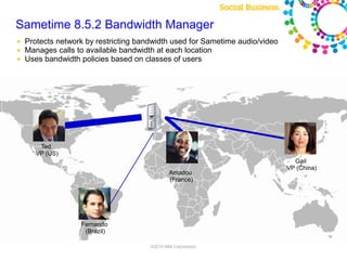 Sametime 8.5.2 Bandwidth Manager
●   Protects network by restricting bandwidth used for Sametime audio/video
●   Manages calls to available bandwidth at each location
●   Uses bandwidth policies based on classes of users




        Ted
       VP (US)
                                                                                                     Gail
                                                                                                   VP (China)
                                                               Amadou
                                                               (France)




                   Fernando
                    (Brazil)
                           Note: Final product features and user interface are subject to change
                                                     ©2010 IBM Corporation
 
