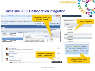Sametime 8.5.2 Collaboration integration
                   Sametime contact list
                     in iNotes sidebar
                                                                                                 Contact list portlet




                      Sametime presence in
                       Lotus Connections

                                                                                 Microsoft Office 2010
                                                                                    ribbon support

                                                    Note: Final product features and user interface are subject to change

                            ©2010 IBM Corporation
 