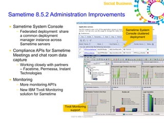 Sametime 8.5.2 Administration Improvements
●   Sametime System Console
                                                                      Sametime System
     ─   Federated deployment: share                                  Console clustered
         a common deployment                                            deployment
         manager instance across                                  :
         Sametime servers
●   Compliance APIs for Sametime
    Meetings and chat room data
    capture
     ─   Working closely with partners
         – Facetime, Permessa, Instant
         Technologies
●   Monitoring
     ─   More monitoring API's
     ─   New IBM Tivoli Monitoring
         solution for Sametime


                                     Tivoli Monitoring
                                         support

                                          ©2010 IBM Corporation
 
