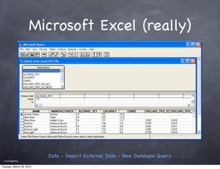Microsoft Excel (really)




                          Data - Import External Data - New Database Query
 ©   RunningNotes

Tuesday, March 26, 2013
 