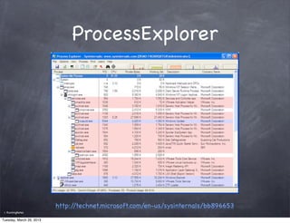 ProcessExplorer




                          http://technet.microsoft.com/en-us/sysinternals/bb896653
 ©   RunningNotes

Tuesday, March 26, 2013
 