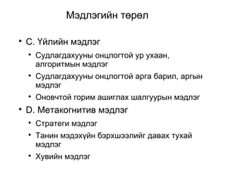 Мэдлэгийн төрөл 
 C. Үйлийн мэдлэг 
 Судлагдахууны онцлогтой ур ухаан, 
алгоритмын мэдлэг 
 Судлагдахууны онцлогтой арга барил, аргын 
мэдлэг 
 Оновчтой горим ашиглах шалгуурын мэдлэг 
 D. Метакогнитив мэдлэг 
 Стратеги мэдлэг 
 Танин мэдэхүйн бэрхшээлийг давах тухай 
мэдлэг 
 Хувийн мэдлэг 
 