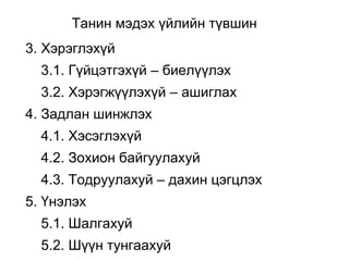 Танин мэдэх үйлийн түвшин 
3. Хэрэглэхүй 
3.1. Гүйцэтгэхүй – биелүүлэх 
3.2. Хэрэгжүүлэхүй – ашиглах 
4. Задлан шинжлэх 
4.1. Хэсэглэхүй 
4.2. Зохион байгуулахуй 
4.3. Тодруулахуй – дахин цэгцлэх 
5. Үнэлэх 
5.1. Шалгахуй 
5.2. Шүүн тунгаахуй 
 