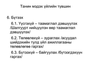 Танин мэдэх үйлийн түвшин 
6. Бүтээх 
6.1. Үүсгэхүй – таамаглал дэвшүүлэх 
/Шалгуурт нийцүүлэн өөр таамаглал 
дэвшүүлэх/ 
6.2. Төлөвлөхүй – зураглах /асуудал 
шийдэхийн тулд үйл ажиллагааны 
төлөвлөгөө гаргах/ 
6.3. Бүтээхүй – байгуулах /бүтээгдэхүүн 
гаргах/ 
 