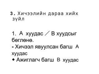 3 ． Хичээлийн дараа хийх 
зүйл 
1. Ａ хуудас／B хуудсыг 
бөглөнө. 
- Хичээл явуулсан багш Ａ 
хуудас　 
◆ Ажиглагч багш Ｂ хуудас 
 