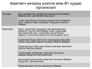 Ажиглагч хичээлд үнэлгээ өгөх В1 хуудас 
/үргэлжлэл/ 
Хугацаа Цаг хуваарилалт (дидактик алхмуудтай нийцэж 
байгаа эсэх, цагтаа багтсан эсэх) 
Сурагчдад бодох хугацаа хангалттай өгч байгаа 
эсэх, хариулт ирэх хугацааг тохируулж байгаа 
байдал 
Харилцаа Багш, сурагчийн суралцах үйл ажиллагаанд 
дэмжлэг үзүүлж буй байдал (нийт сурагчдад 
хүртээмжтэй эсэх, сурагчийн санал бодол, 
хариулт сонголтод хүндэтгэлтэй хандсан эсэх) 
Сурагчийн буруу ойлгосон тохиолдолд багшийн 
зүгээс учир шалтгааныг анзаарч байгаа байдал 
Суралцагчдын бие даан болон хамтран ажиллаж 
байгаа байгаа байдал 
Үнэлгээний хэлбэрийг оновчтой сонгосон 
байдал (бодитой хүртээмжтэй) 
Хичээлийн дүгнэлтийг оновчтой сонгосон байдал 
(бодитой, хүртээмжтэй) 
Суралцагчдын сэтгэл хангалуун байдал 
 