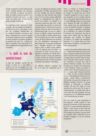 DOSSIER EUROPE

l’échelle européenne. Il inclut notamment des       en œuvre de politiques économiques sociales        France au Conseil, où François Hollande
normes salariales plancher, une couverture          progressistes à l’échelle communautaire, dès       recevrait l’appui de l’Italie, de l’Espagne et
santé universelle, la garantie de services          lors que l’équilibre des finances publiques        du Portugal. Le Conseil reste pour l’heure
publics de qualité, le droit au logement et des     est imposé aux Etats membres (tout comme           l’institution européenne où tout se joue, ou
dispositifs d’insertion des jeunes. Ce pilier       ceux-ci le font avec leurs propres collectivités   plus exactement où tout se négocie entre les
social a été obtenu grâce à l’intervention du       locales). Un aménagement de la règle d’or          Etats. A notre grand regret de démocrates car
groupe socialiste et démocrate.                     pourrait être proposé. La morosité de la           en ce lieu, l’Allemagne impose ses vues, tandis
                                                    conjoncture économique peut nous y aider,          que le Royaume Uni veille à ses intérêts. La
Les propositions faites raisonnent à traités        ainsi que l’appui des pays qui ont subi le plus    France devrait jouer plus systématiquement
constants, mais l’éventualité d’un changement       durement la rigueur. Premièrement, exclure du      la carte du Parlement Européen et s’appuyer
de traité est de plus en plus admise, compte        calcul des déficits les dépenses consacrées à      sur les quelques propositions progressistes
tenu des innovations institutionnelles en           l’investissement public permettrait à celles-ci    de la Commission. Sur nombre de thèmes,
jeu (solidarité financière, mutualisation des       de jouer un rôle anti-cyclique. Deuxièmement,      le Parlement et la Commission sont plus en
dettes, financement des ressources propres          la notion de déficit structurel, imposée par le    avance que le Conseil. Que l’on songe aux
de l’Union par l’impôt et l’emprunt, constitution   TSCG, n’a de sens que si le critère d’un déficit   propositions pour contrôler les agences
de fonds européens de garantie de dépôt et          courant de 3% est abandonné, afin de laisser       de notation, à la taxation des transactions
de résolution des crises, etc…). Reste à en         jouer les stabilisateurs automatiques (en          financières, à la nouvelle étape de l’union
définir le calendrier (sans doute après 2015)       basse conjoncture, un pays peut parfaitement       économique et monétaire, ou au débat sur le
et les modalités (traité intergouvernemental ou     être à l’équilibre structurel des comptes          budget communautaire.
convention).                                        publics et subir un déficit courant supérieur
                                                    à 3%, non alarmant parce qu’il finance des         S’agissant de la question institutionnelle, même
                                                    amortisseurs de crise). A tout le moins, une       si un changement de traité n’est pas mûr pour
// La feuille de route des                          adaptation du calendrier des déficits selon la
                                                    conjoncture propre à chaque pays atténuerait
                                                                                                       l’heure, la question est désormais dans tous les
                                                                                                       esprits. Il est donc de bon augure de procéder
socialistes français                                les effets récessifs des politiques d’austérité.
                                                    Cela doit faire partie des principes d’une bonne
                                                                                                       par étapes. Mais nous devons militer en faveur
                                                                                                       d’une Constituante (dans le jargon européen,
                                                    coordination des politiques économiques.           une Convention) et pousser pour que le
La ligne des socialistes pourrait être de
                                                                                                       prochain Parlement européen, élu en 2014,
pousser en faveur de ce saut fédéral, à
                                                    Ces différents éléments pourraient être            ait mandat pour désigner des représentants
condition qu’il soit accompagné d’un saut
                                                    mis sur la table des négociations par la           à cette Convention, chargée de préparer le
démocratique et social, et qu’il permette la mise
                                                                                                       prochain traité. Ce dernier ne doit en aucun cas
                                                                                                       être un nouveau traité intergouvernemental,
                                                                                                       où, à l’instar du TSCG, la position allemande
                                                                                                       (qui sera vraisemblablement défendue par une
                                                                                                       possible « grande coalition ») prédominerait.
                                                                                                       Cette position est aujourd’hui partagée par la
                                                                                                       Délégation Socialiste Française et le groupe
                                                                                                       Socialistes et Démocrates au Parlement
                                                                                                       européen. Elle peut faire l’objet d’un large
                                                                                                       assentiment au sein du parti. Par la suite, si,
                                                                                                       malheureusement, le prochain traité était un
                                                                                                       nouvel avatar des deux précédents, c’est une
                                                                                                       campagne pour un « non fédéraliste de gauche
                                                                                                       » qu’il conviendrait alors de mener.

                                                                                                       C’est cette feuille de route progressiste et
                                                                                                       pro-européenne qu’UMA propose de faire
                                                                                                       porter par la Convention du Parti, prévue avant
                                                                                                       juin 2013. Ce projet fédéraliste alternatif est
                                                                                                       réaliste ; il tient compte de l’état actuel des
                                                                                                       rapports de force entre les Etats et entre les
                                                                                                       forces politiques en présence. Il doit permettre
                                                                                                       aux socialistes d’être à l’offensive lors de la
                                                                                                       prochaine campagne en vue des élections
                                                                                                       européennes.




                                                                                                                 BLUMA /// Décembre 2012          /// 9
 
