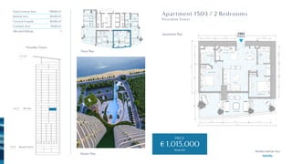 Master Plan
Poseidon Tower
Floor Plan
Total Covered Area
Internal Area
Covered Veranda
Common Area
Allocated Parking
158.60 m²
83.00 m²
30.00 m²
45.60 m²
1
Apartment 1503 / 2 Bedrooms
Poseidon Tower
Apartment Plan
Mediterranean Sea
€ 1,015,000
(PLUS VAT)
PRICE
+64.50
+141.50
+09.00
ƒ
Entrance
1503
 
