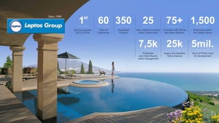Service Exporter
2012 & 2016
st
1
Years of
Experience
60
Completed
Projects
350
New projects currently
under construction
25
Properties
and Hotel Rooms
under management
7,5k
Employees within
the Leptos Group
1,500
Sq.m of Prime Land
for development
5mil.
Countries with Ofﬁces
and Sales Network
75+
Happy and Satisﬁed
Home Owners
25k
 