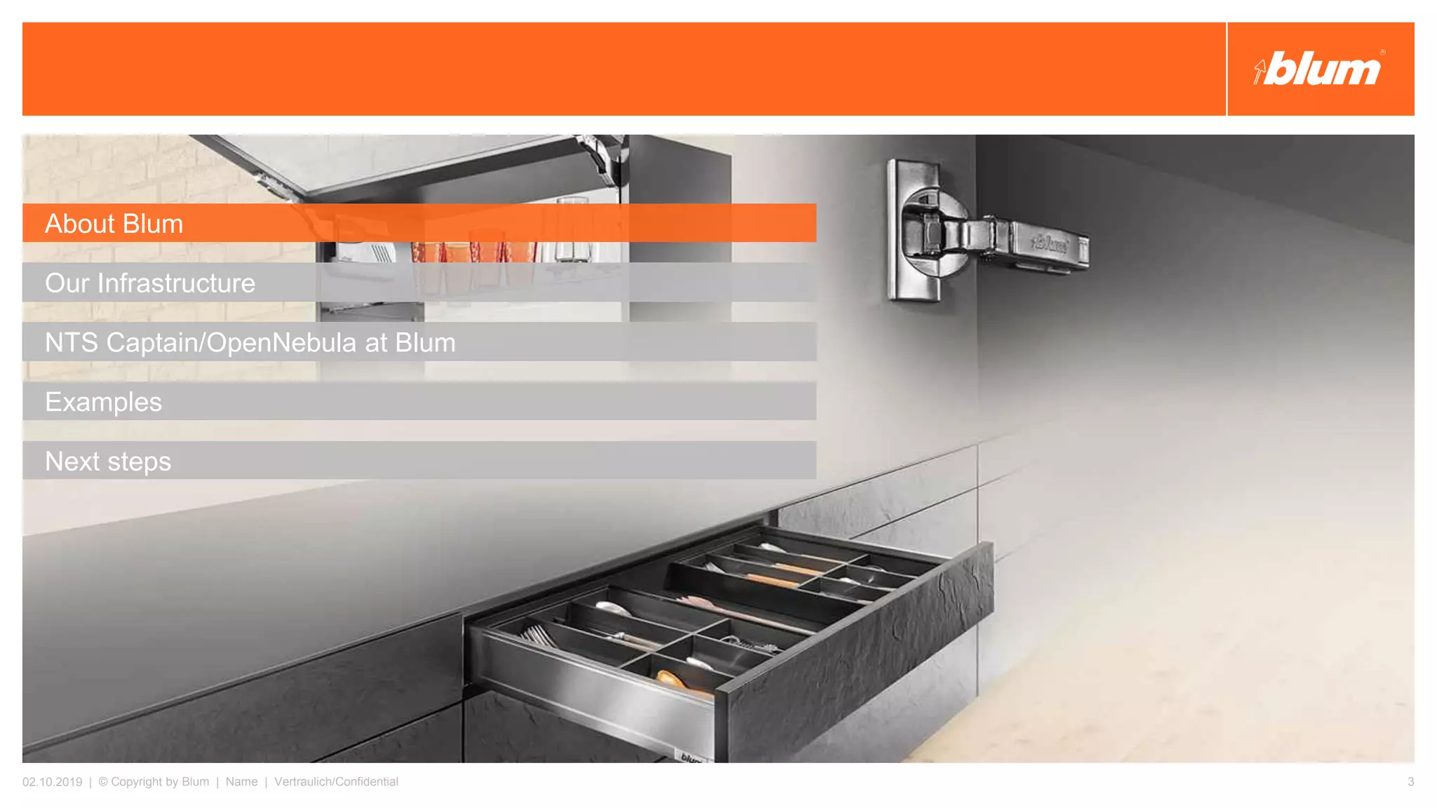 About Blum
Our Infrastructure
NTS Captain/OpenNebula at Blum
Examples
Next steps
02.10.2019 | © Copyright by Blum | Name | Vertraulich/Confidential 3
 