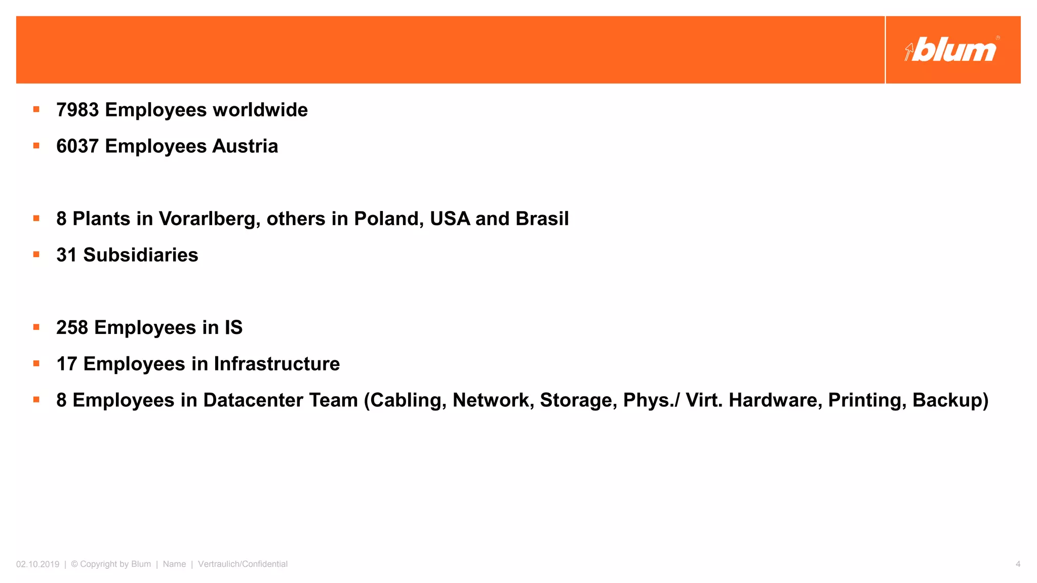 ▪ 7983 Employees worldwide
▪ 6037 Employees Austria
▪ 8 Plants in Vorarlberg, others in Poland, USA and Brasil
▪ 31 Subsidiaries
▪ 258 Employees in IS
▪ 17 Employees in Infrastructure
▪ 8 Employees in Datacenter Team (Cabling, Network, Storage, Phys./ Virt. Hardware, Printing, Backup)
02.10.2019 | © Copyright by Blum | Name | Vertraulich/Confidential 4
 