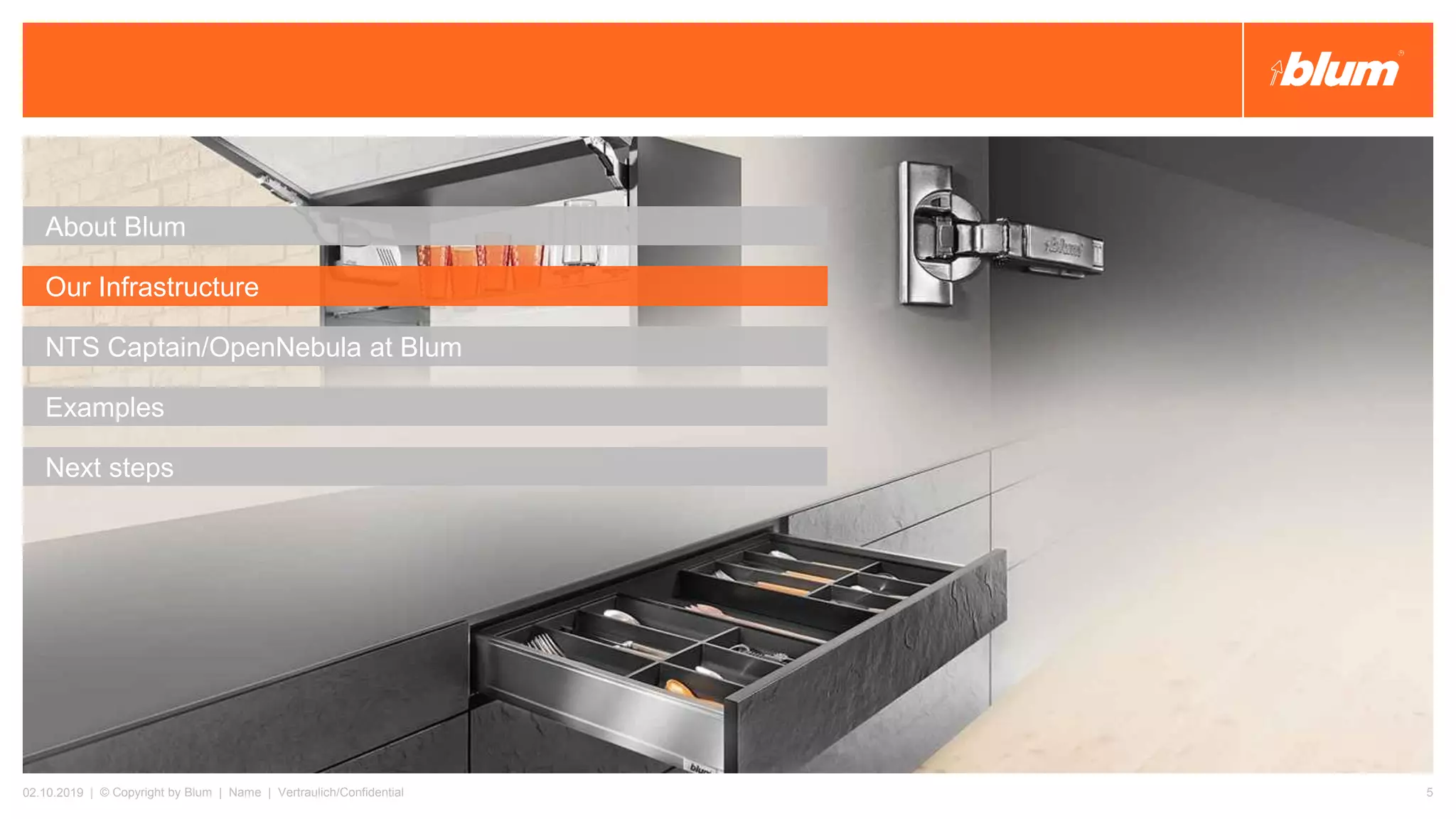 About Blum
Our Infrastructure
NTS Captain/OpenNebula at Blum
Examples
Next steps
02.10.2019 | © Copyright by Blum | Name | Vertraulich/Confidential 5
 
