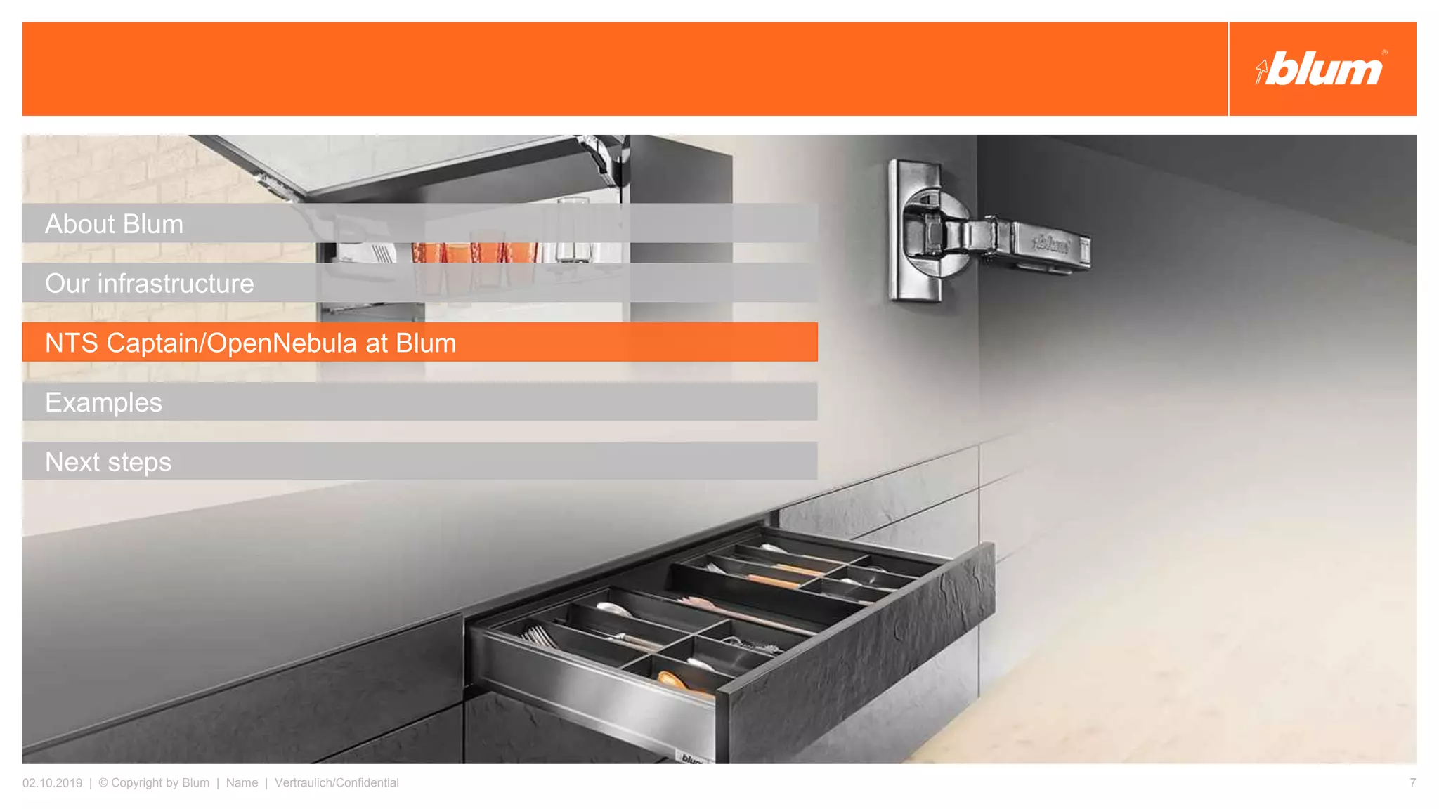 About Blum
Our infrastructure
NTS Captain/OpenNebula at Blum
Examples
Next steps
02.10.2019 | © Copyright by Blum | Name | Vertraulich/Confidential 7
 