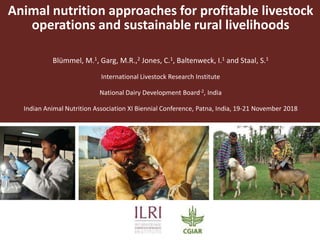 Animal nutrition approaches for profitable livestock
operations and sustainable rural livelihoods
Blümmel, M.1, Garg, M.R.,2 Jones, C.1, Baltenweck, I.1 and Staal, S.1
International Livestock Research Institute
National Dairy Development Board-2, India
Indian Animal Nutrition Association XI Biennial Conference, Patna, India, 19-21 November 2018
 