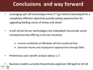 Conclusions and way forward
• Leveraging spin-off technologies from 2nd gen biofuel (developed for a
completely different objective) provide exiting opportunities for
upgrading feeding values of straws and stover
• It will not be farmer technologies but embedded into private sector
entrepreneurship offering a win-win situation:
 Increase availability of affordable off-farm produced feed
 Generate income and employment opportunities through SMEs
• Preliminary cost: benefit analysis about 1: 2
• Business models currently theoretically explored: 500 kg/d to 10 t/d
 
