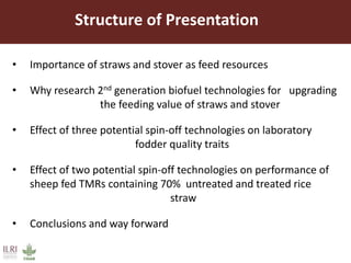 • Importance of straws and stover as feed resources
• Why research 2nd generation biofuel technologies for upgrading
the feeding value of straws and stover
• Effect of three potential spin-off technologies on laboratory
fodder quality traits
• Effect of two potential spin-off technologies on performance of
sheep fed TMRs containing 70% untreated and treated rice
straw
• Conclusions and way forward
Structure of Presentation
 