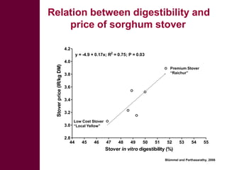 Relation between digestibility and
price of sorghum stover
44 45 46 47 48 49 50 51 52 53 54 55
2.8
3.0
3.2
3.4
3.6
3.8
4.0
4.2
y = -4.9 + 0.17x; R2
= 0.75; P = 0.03
Stover in vitro digestibility (%)
Stoverprice(IR/kgDM)
Premium Stover
“Raichur”
Low Cost Stover
“Local Yellow”
Blümmel and Parthasarathy, 2006
 