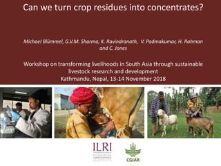 Can we turn crop residues into concentrates?
Michael Blümmel, G.V.M. Sharma, K. Ravindranath, V. Padmakumar, H. Rahman
and C. Jones
Workshop on transforming livelihoods in South Asia through sustainable
livestock research and development
Kathmandu, Nepal, 13-14 November 2018
 