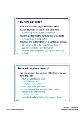 info@dorothygraham.co.uk
© Dorothy Graham 2015
www.DorothyGraham.co.uk
19
How hard can it be?
•  different activities require different skills
•  classic blunder: let the testers automate
– automating without automation skills?
•  newer blunder: let the automators write tests
– testing without testing skills?
•  if testers are automators  a conflict of interest
– do you run tests or do you automate tests?
– automation is better long-term, BUT
– deadline pressure pushes you back into manual
testing
20
Tools will replace testers?
•  “we can reduce the number of testers once we
have the tool”
– what are your testers like?
•  mindless morons, or
•  intelligent investigators?
– need more skills, not fewer
– automation can free testers to do more test
design, exploratory testing
•  and find more bugs
– tools don’t replace testers, they support them
 