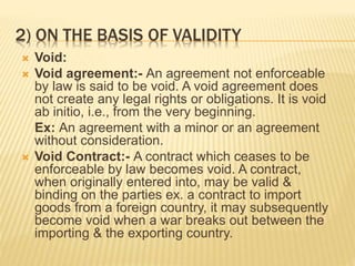 2) ON THE BASIS OF VALIDITY
 Void:
 Void agreement:- An agreement not enforceable
by law is said to be void. A void agreement does
not create any legal rights or obligations. It is void
ab initio, i.e., from the very beginning.
Ex: An agreement with a minor or an agreement
without consideration.
 Void Contract:- A contract which ceases to be
enforceable by law becomes void. A contract,
when originally entered into, may be valid &
binding on the parties ex. a contract to import
goods from a foreign country, it may subsequently
become void when a war breaks out between the
importing & the exporting country.
 