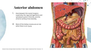 Anterior abdomen
1. Area between the costal margins
superiorly, the inguinal ligaments and
symphysis pubis inferiorly, and the
anterior axillary lines laterally.
2. Most of the hollow viscera are at risk
when there is an injury.
Advanced Trauma Life Support Student Course Manual 10th edition. Chapter 5, Abdominal and Pelvic Trauma p82 - 101
 