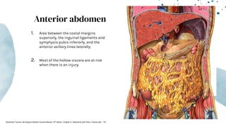 Anterior abdomen
1. Area between the costal margins
superiorly, the inguinal ligaments and
symphysis pubis inferiorly, and the
anterior axillary lines laterally.
2. Most of the hollow viscera are at risk
when there is an injury.
Advanced Trauma Life Support Student Course Manual 10th edition. Chapter 5, Abdominal and Pelvic Trauma p82 - 101
 