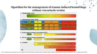 Algorithm for the management of trauma-induced hemorrhage
without viscoelastic testing
-Casu S Simplified treatment algorithm for the management of trauma-induced hemorrhage without viscoelastic testing Trauma Surgery & Acute Care Open 2021;6:e000779. doi: 10.1136/tsaco-2021-000779
 