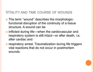 Whether the infection occurred subsequently to original trauma as a result of accidental implant of bacteria (Secondary)Trauma and Disease:Trauma and Heart DiseaseTwo basic situations are most likely to find access to the Courts of Law: Direct injury to heart.Indirect heart injury : 	- It is more difficult to prove.	   -More difficult to assess is heart failure or any 	other cardiac disorder occurring in an 	individual with antecedent history of heart 	disease as an indirect effect of trauma.