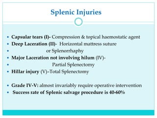 Splenic Injuries
 Capsular tears (I)- Compression & topical haemostatic agent
 Deep Laceration (II)- Horizontal mattress suture
 or Splenorrhaphy
 Major Laceration not involving hilum (IV)-
 Partial Splenectomy
 Hillar injury (V)–Total Splenectomy
 Grade IV-V: almost invariably require operative intervention
 Success rate of Splenic salvage procedure is 40-60%
 